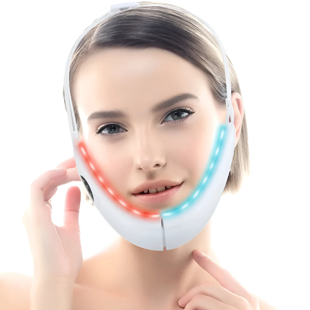 White rechargeable facial lifting device with red and blue light therapy modes.