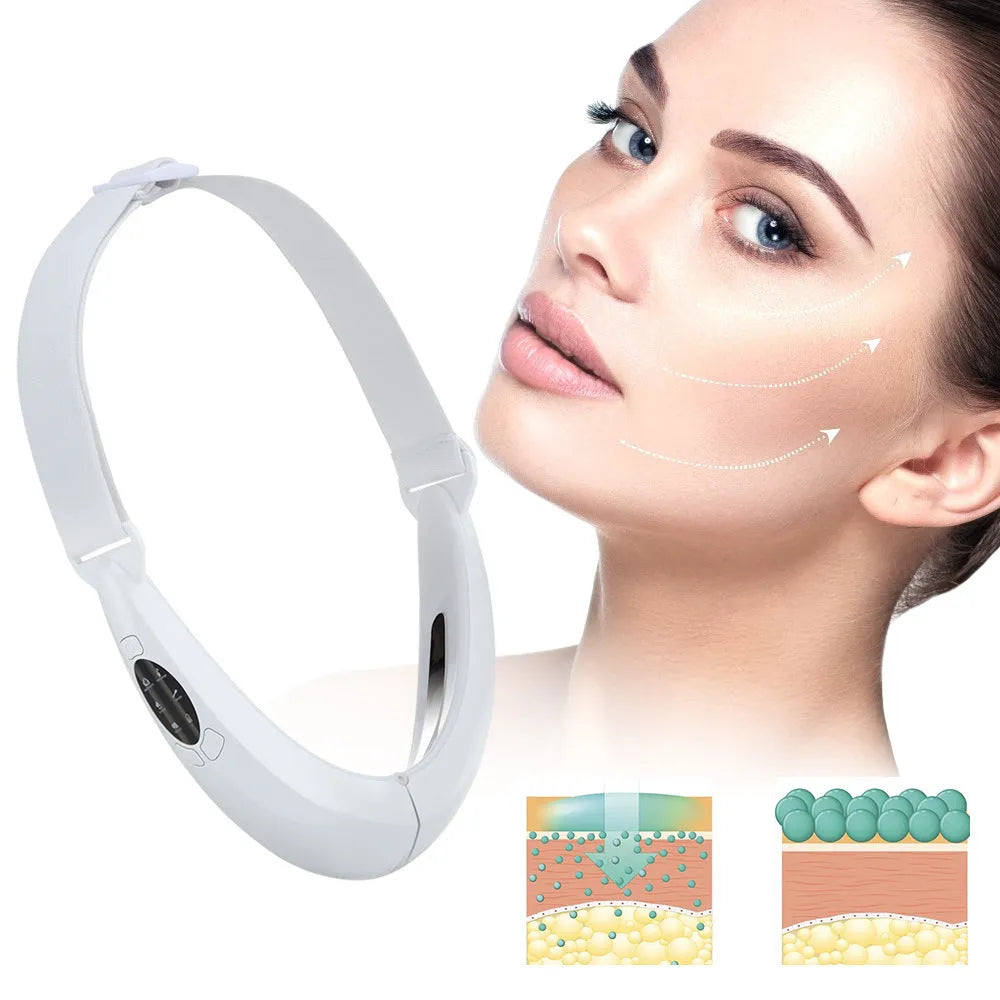 White rechargeable facial lifting device with red and blue light therapy modes.