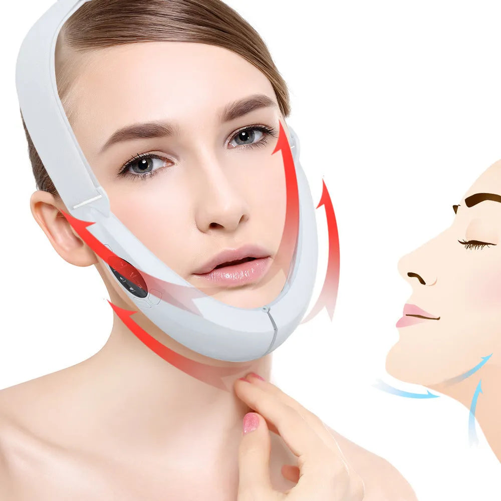 White rechargeable facial lifting device with red and blue light therapy modes.