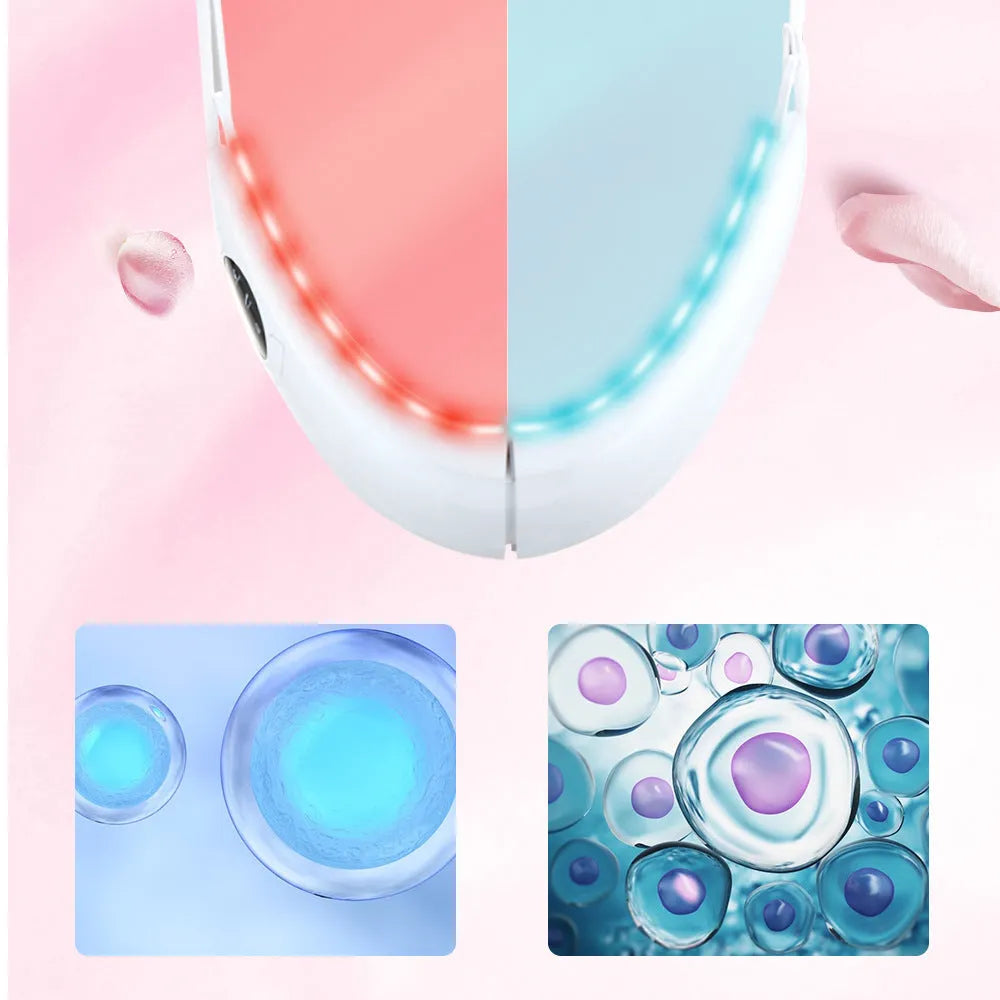 White rechargeable facial lifting device with red and blue light therapy modes.