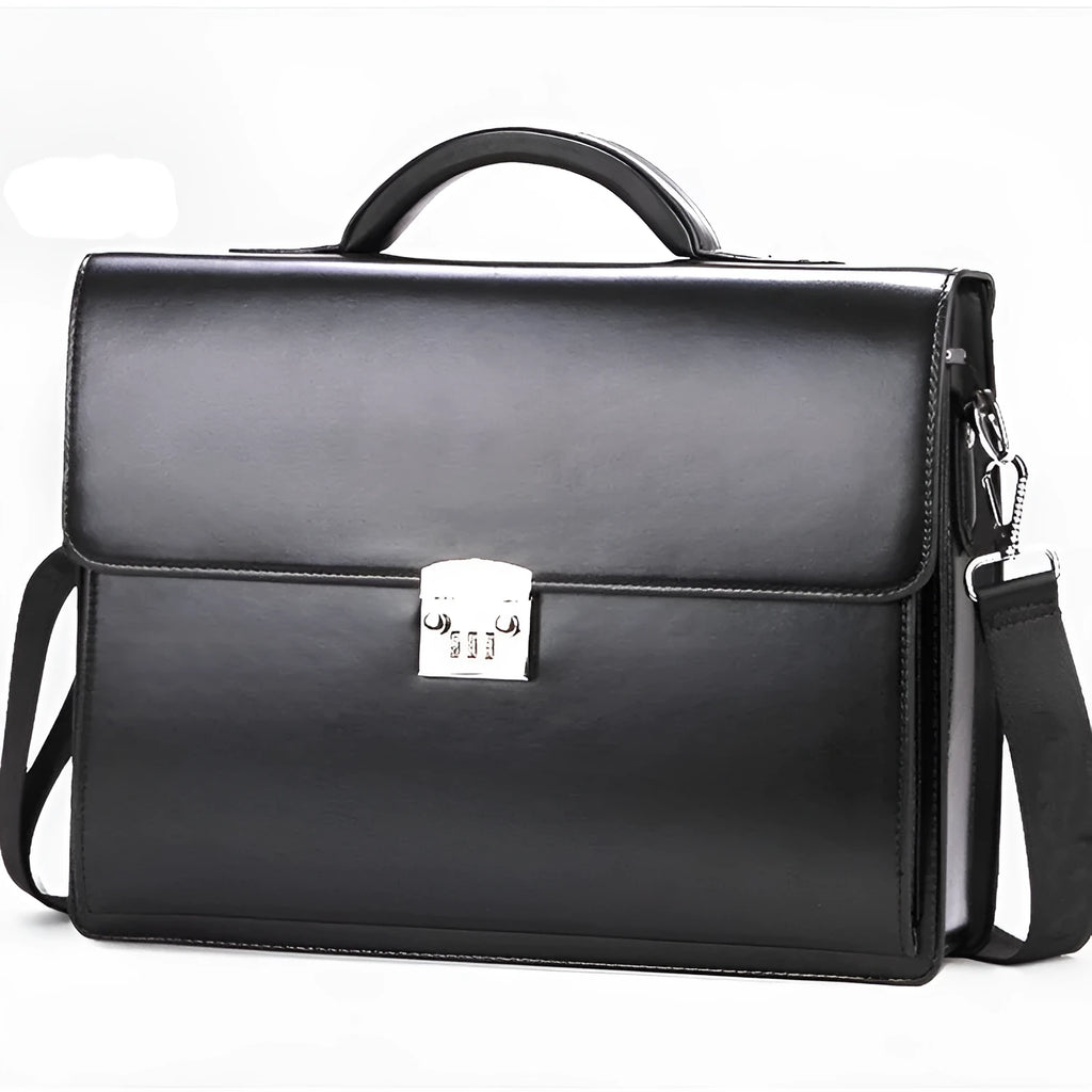 Black horizontal square men's PU leather briefcase with a zip opening and hand grip.