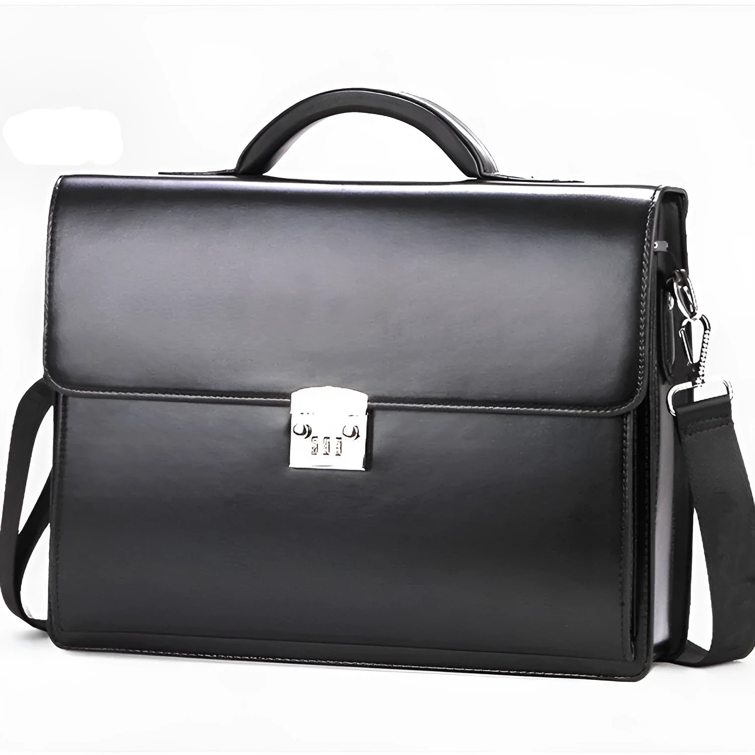 Black horizontal square men's PU leather briefcase with a zip opening and hand grip.