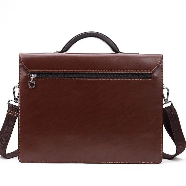 Black horizontal square men's PU leather briefcase with a zip opening and hand grip.
