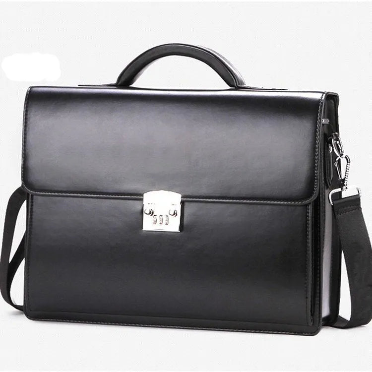 Black horizontal square men's PU leather briefcase with a zip opening and hand grip.