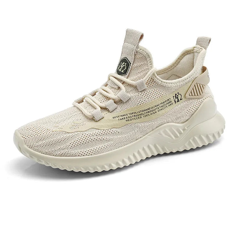 Men's white mesh casual sports shoes with a rubber sole and round toe on a plain background