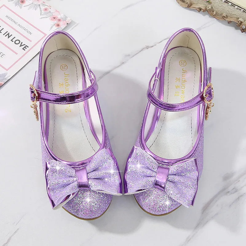 Girls crystal leather shoes with Velcro strap, purple synthetic leather upper