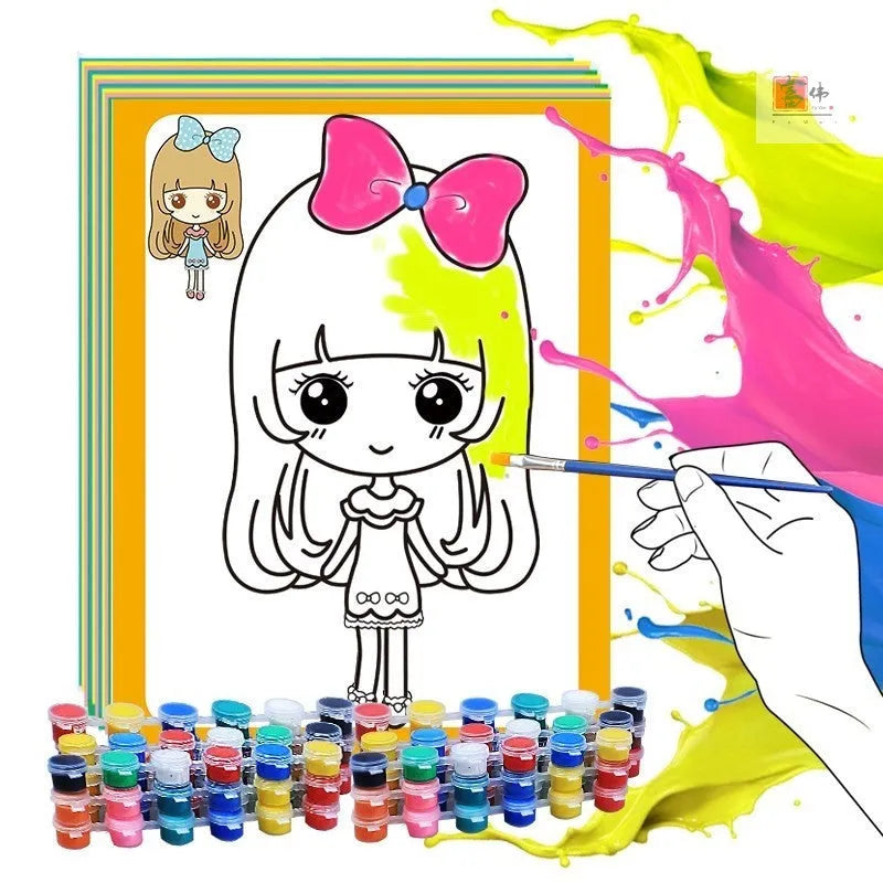 Children's gouache painting set showing 50 pre-printed boards, 8 pigment rows, painting pens and optional palette or apron
