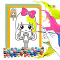 Children's gouache painting set showing 50 pre-printed boards, 8 pigment rows, painting pens and optional palette or apron