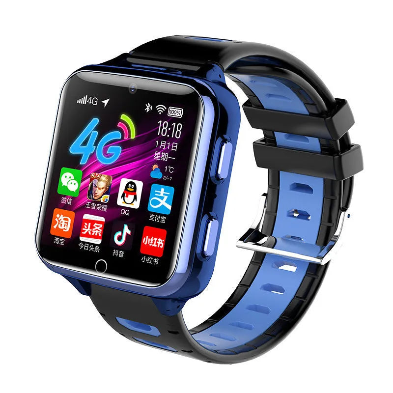 Children's smart watch with 1.54-inch screen, silicone strap in three colours, showing camera and touchscreen