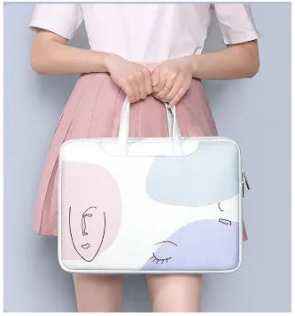 Blue waterproof PU leather laptop bag with soft handle and zipper, sized for a 15.6 inch device.