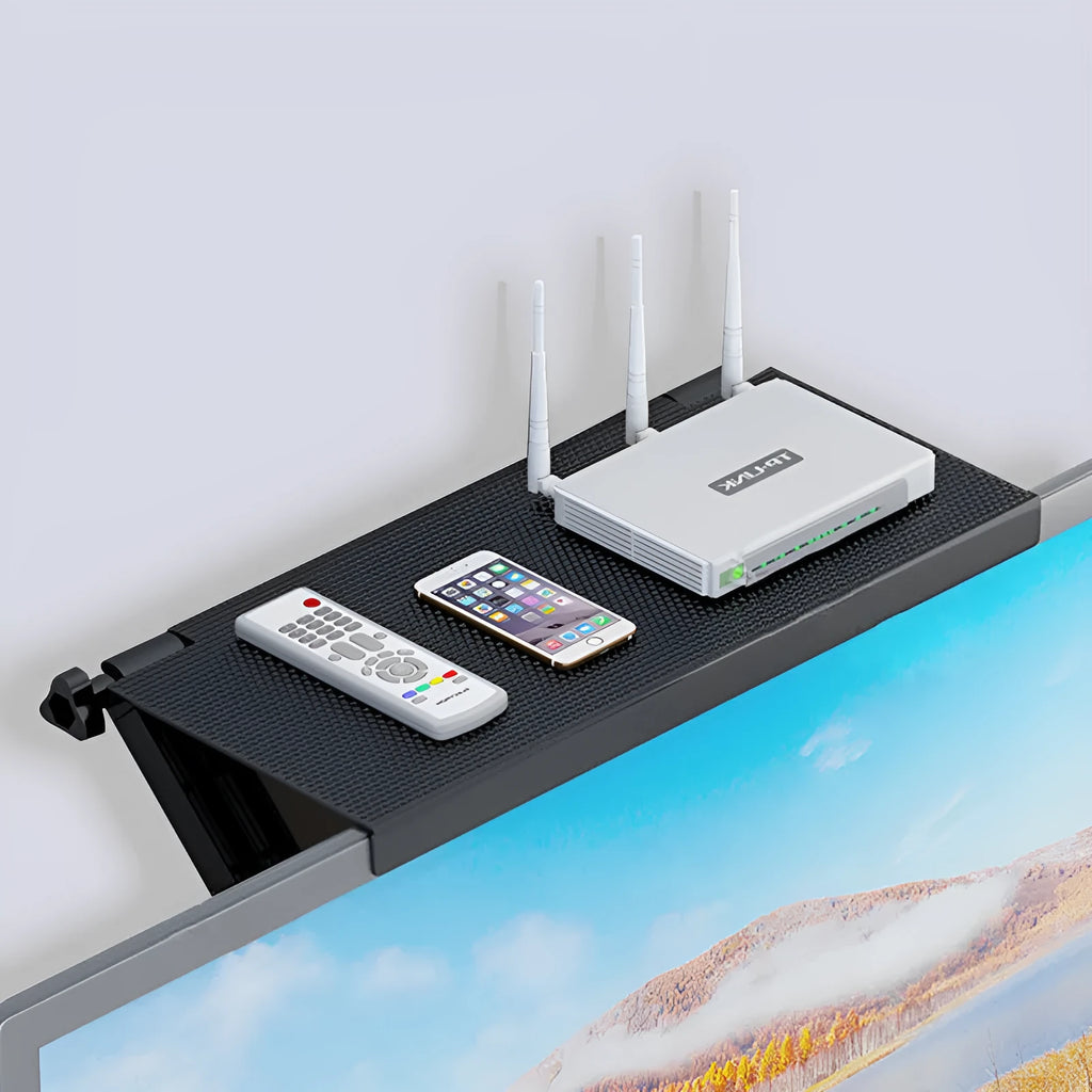 Wall-mounted television set-top box rack with router storage in plastic construction and hook installation