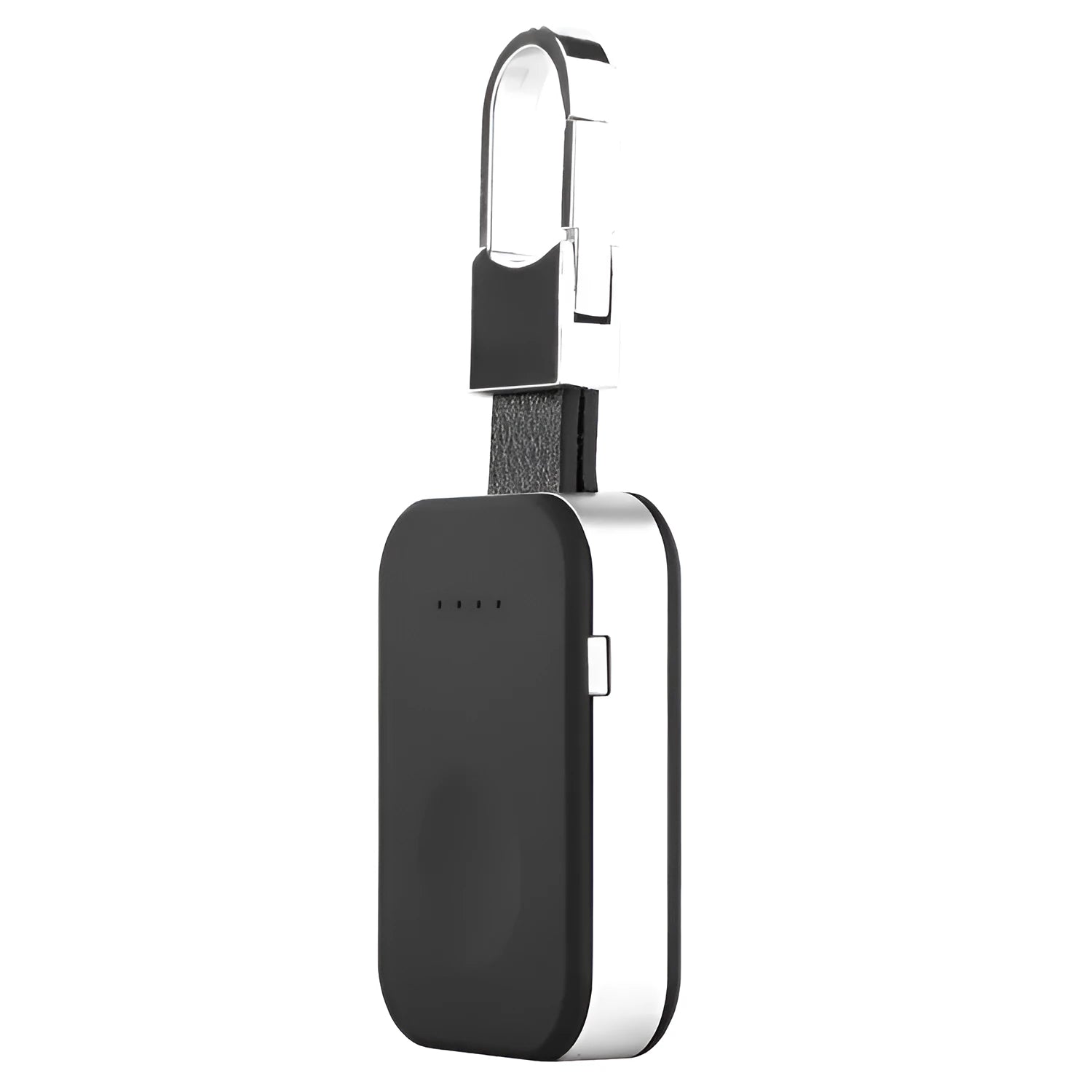 Black portable Apple Watch wireless charger power bank on a keychain.