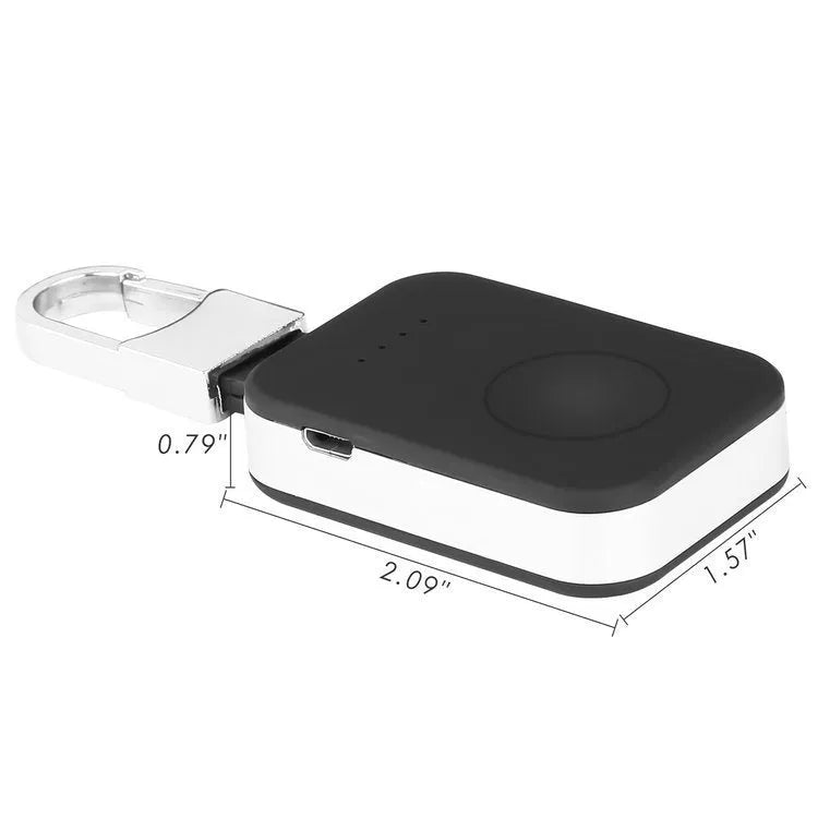 Black portable Apple Watch wireless charger power bank on a keychain.