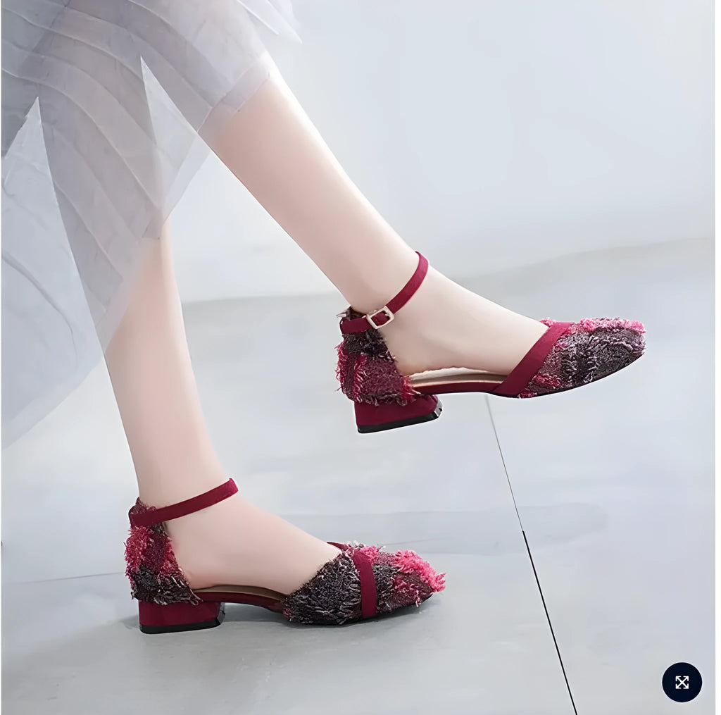 Apricot suede women's flats with an ankle strap and a low dorsay heel.