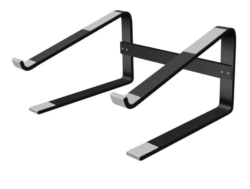 Silver aluminium alloy laptop stand with dimensions 260mm by 240mm by 150mm on a wooden desk