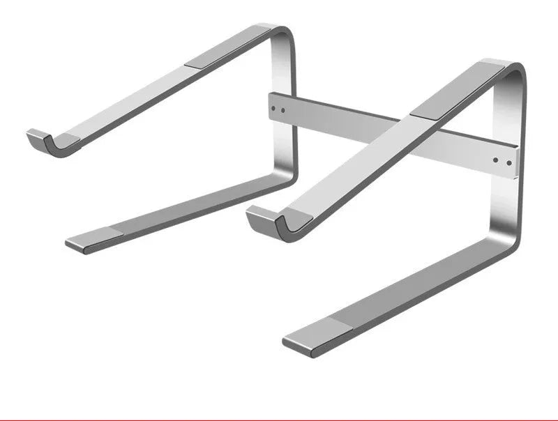 Silver aluminium alloy laptop stand with dimensions 260mm by 240mm by 150mm on a wooden desk