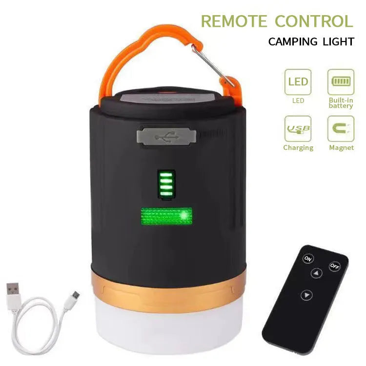 Black remote control emergency LED camping light for outdoor use.