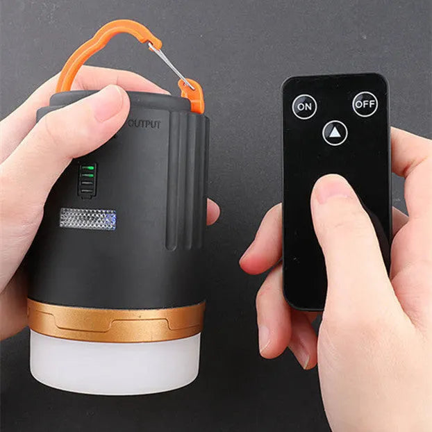 Black remote control emergency LED camping light for outdoor use.
