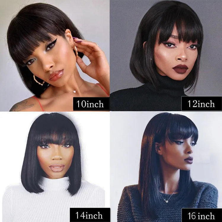 Unice straight black human hair wig at 10 inches length on a wig stand.