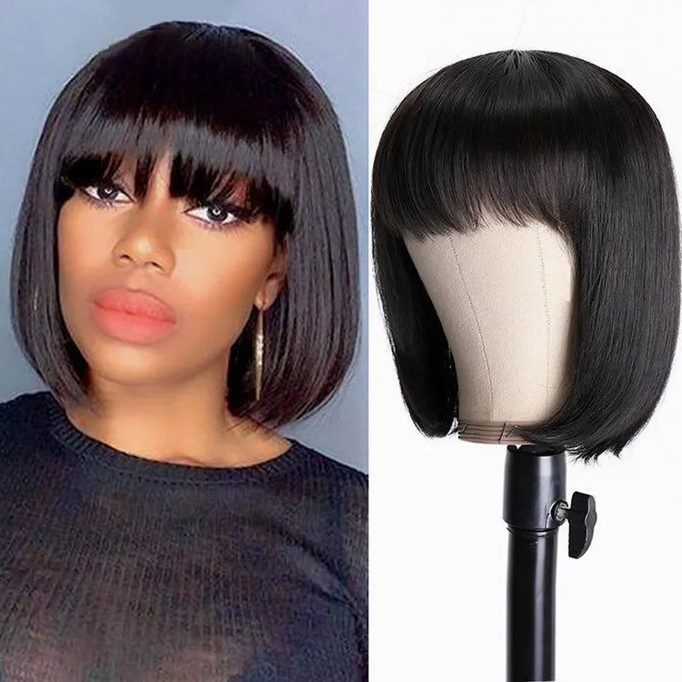 Unice straight black human hair wig at 10 inches length on a wig stand.
