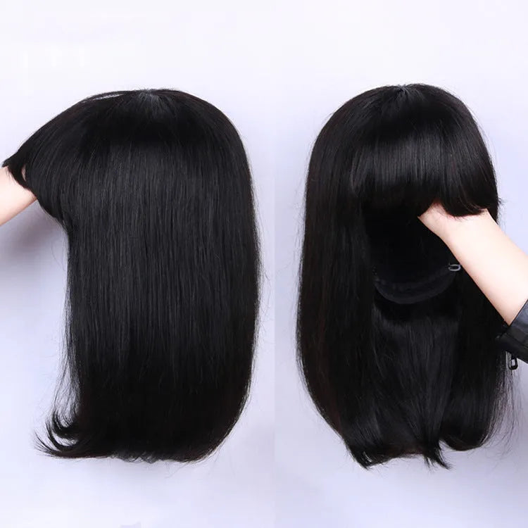 Unice straight black human hair wig at 10 inches length on a wig stand.