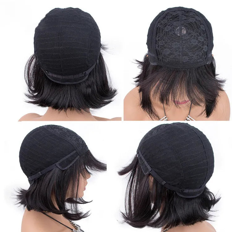 Unice straight black human hair wig at 10 inches length on a wig stand.