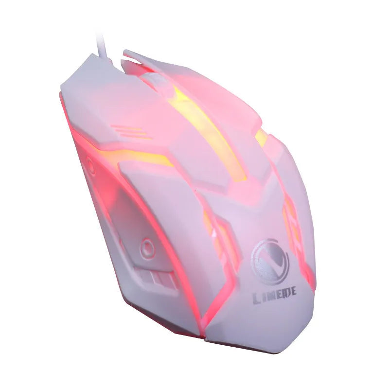 Wired USB computer mouse with colourful LED glow in black or white, showing 1.3m cable and three-button design