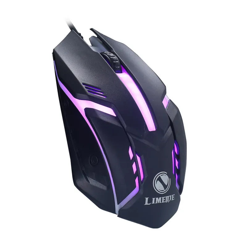 Wired USB computer mouse with colourful LED glow in black or white, showing 1.3m cable and three-button design