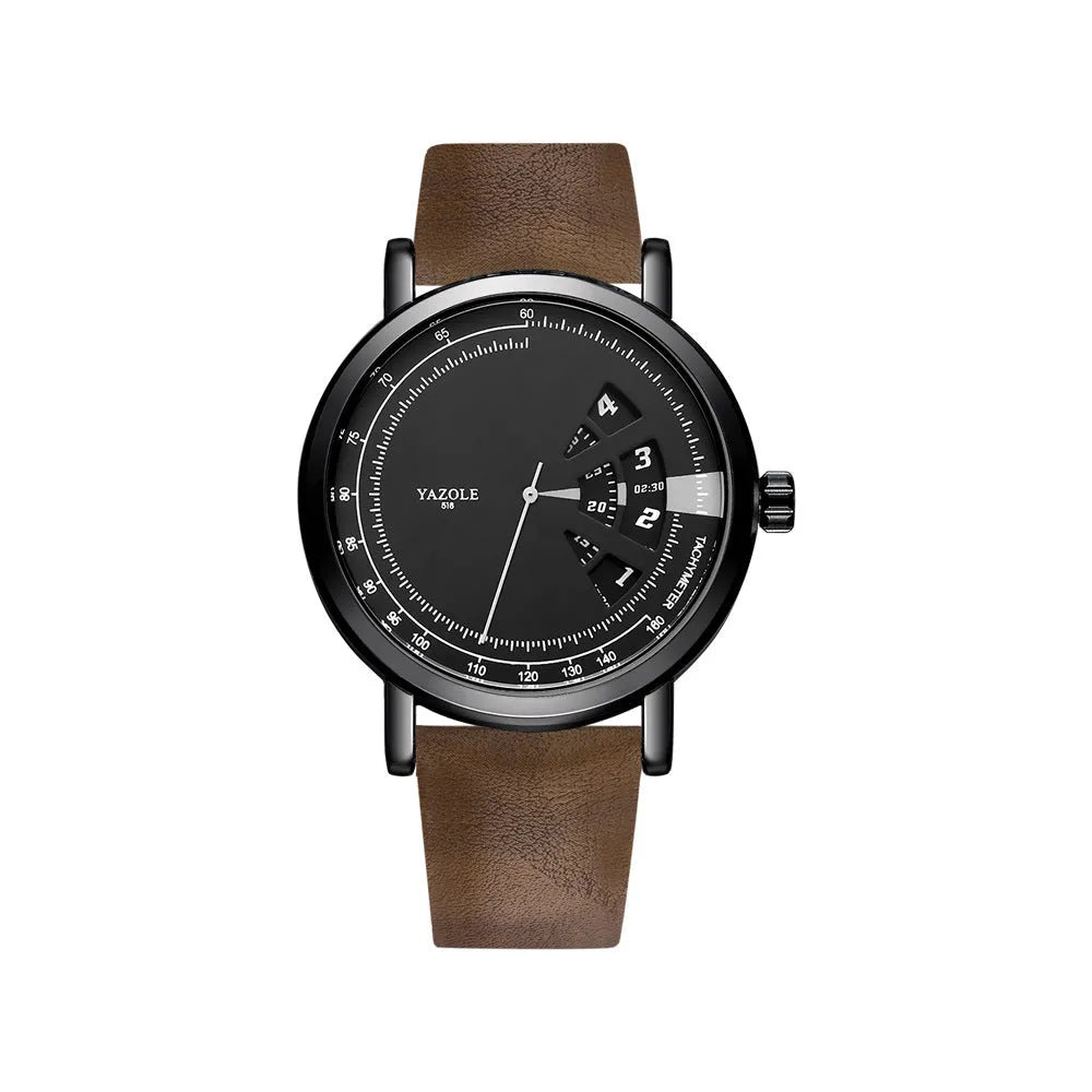 Men's waterproof quartz watch with a metal case, black dial, and a brown leather-look strap fastened with a pin buckle.