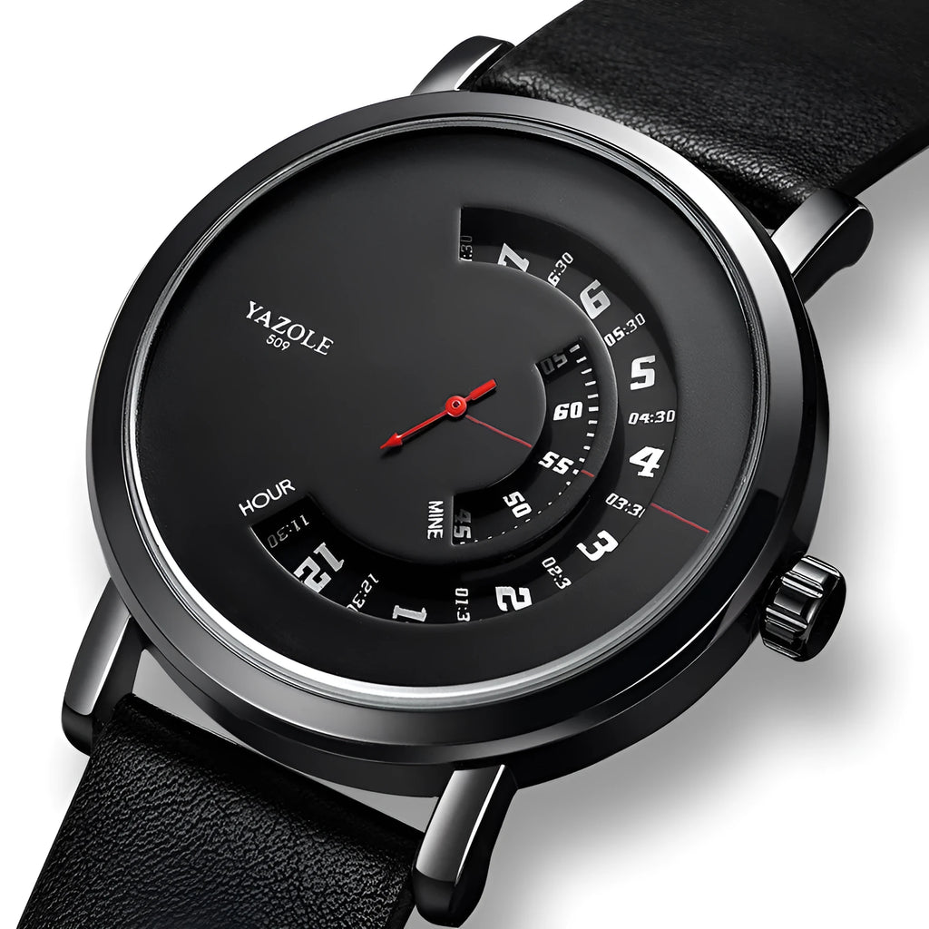 Men's waterproof quartz watch with a metal case, black dial, and a brown leather-look strap fastened with a pin buckle.