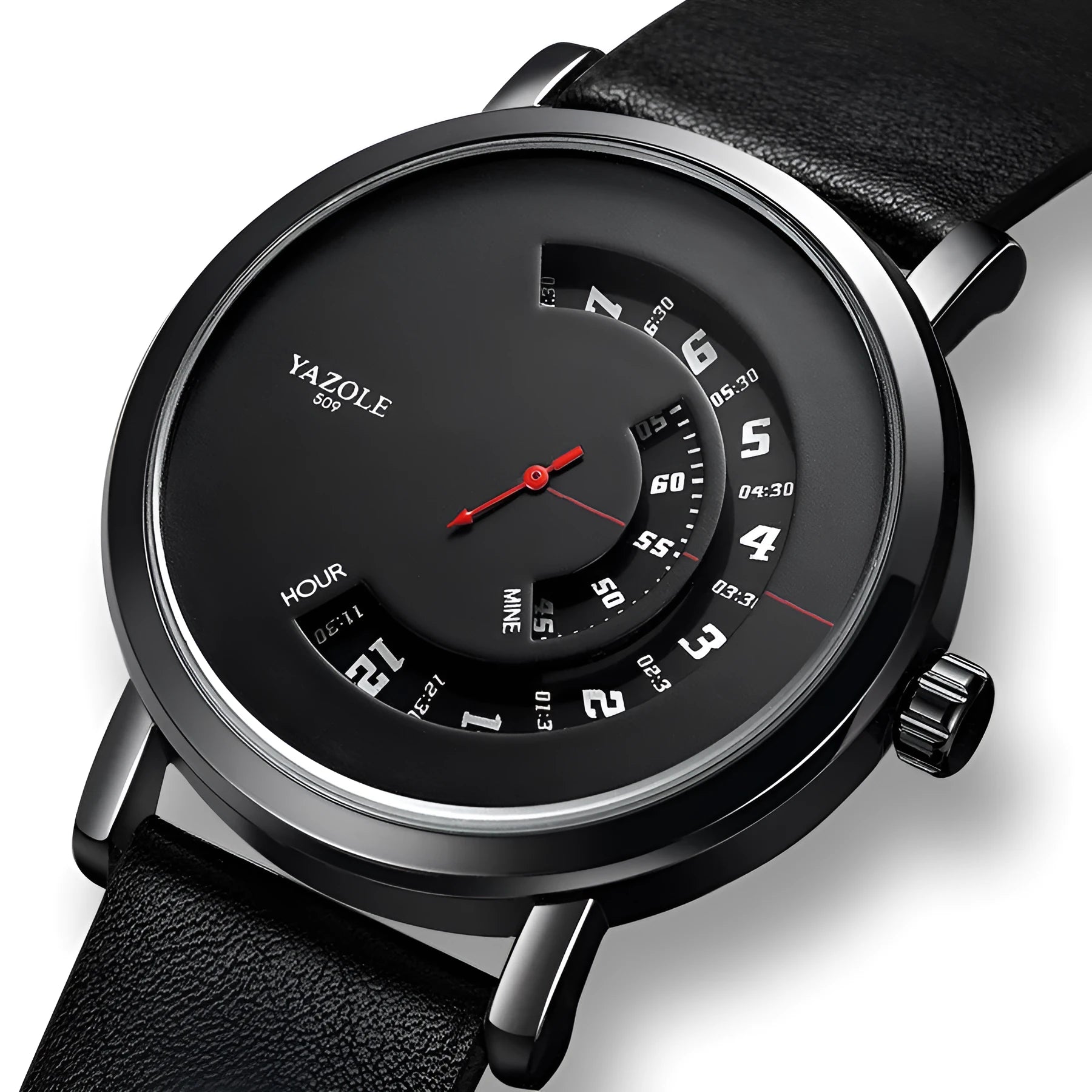 Men's waterproof quartz watch with a metal case, black dial, and a brown leather-look strap fastened with a pin buckle.
