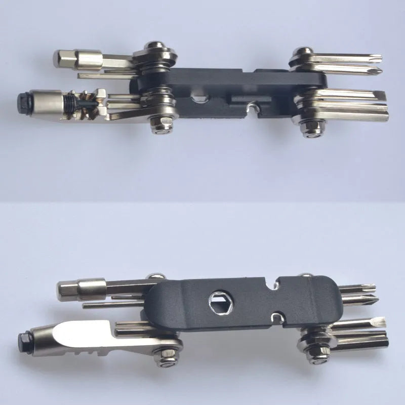 Chrome vanadium steel bicycle combination repair tool in black, red, yellow, and blue colour options