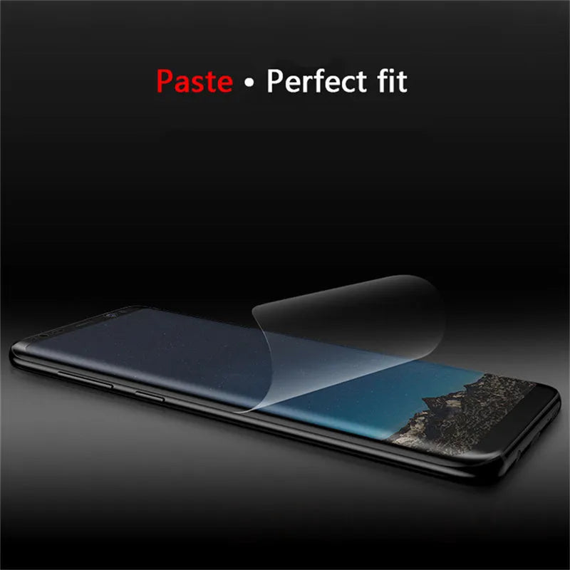 Purple light hydraulic hydrogel screen protector for curved Samsung Galaxy S8, S9, S10 phones.