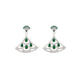 Silver fan-shaped earring with gold-plated inlay of artificial gems, on a plain background