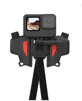 Black GoPro motorcycle helmet chin strap mount for action cameras with stainless steel clasp