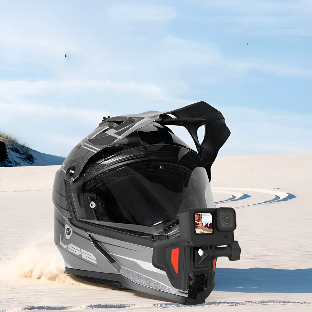 Black GoPro motorcycle helmet chin strap mount for action cameras with stainless steel clasp