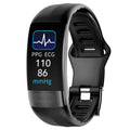 Smart health monitoring bracelet on wrist showing ECG and vital signs on its 0.96-inch screen.