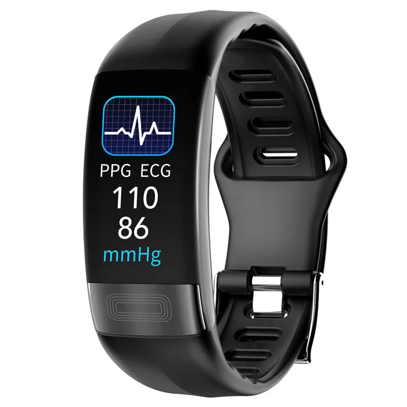 Smart health monitoring bracelet on wrist showing ECG and vital signs on its 0.96-inch screen.