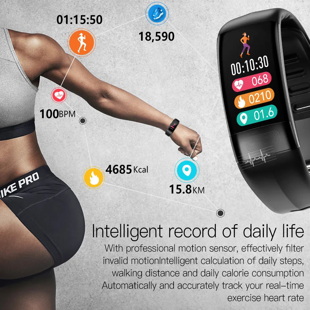 Smart health monitoring bracelet on wrist showing ECG and vital signs on its 0.96-inch screen.