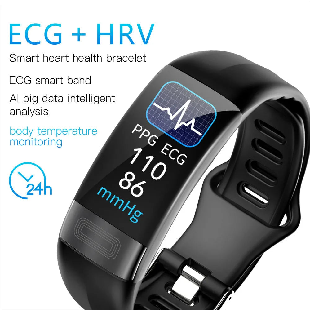 Smart health monitoring bracelet on wrist showing ECG and vital signs on its 0.96-inch screen.