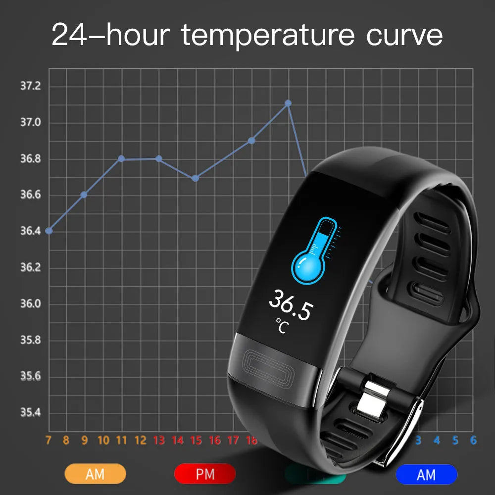 Smart health monitoring bracelet on wrist showing ECG and vital signs on its 0.96-inch screen.