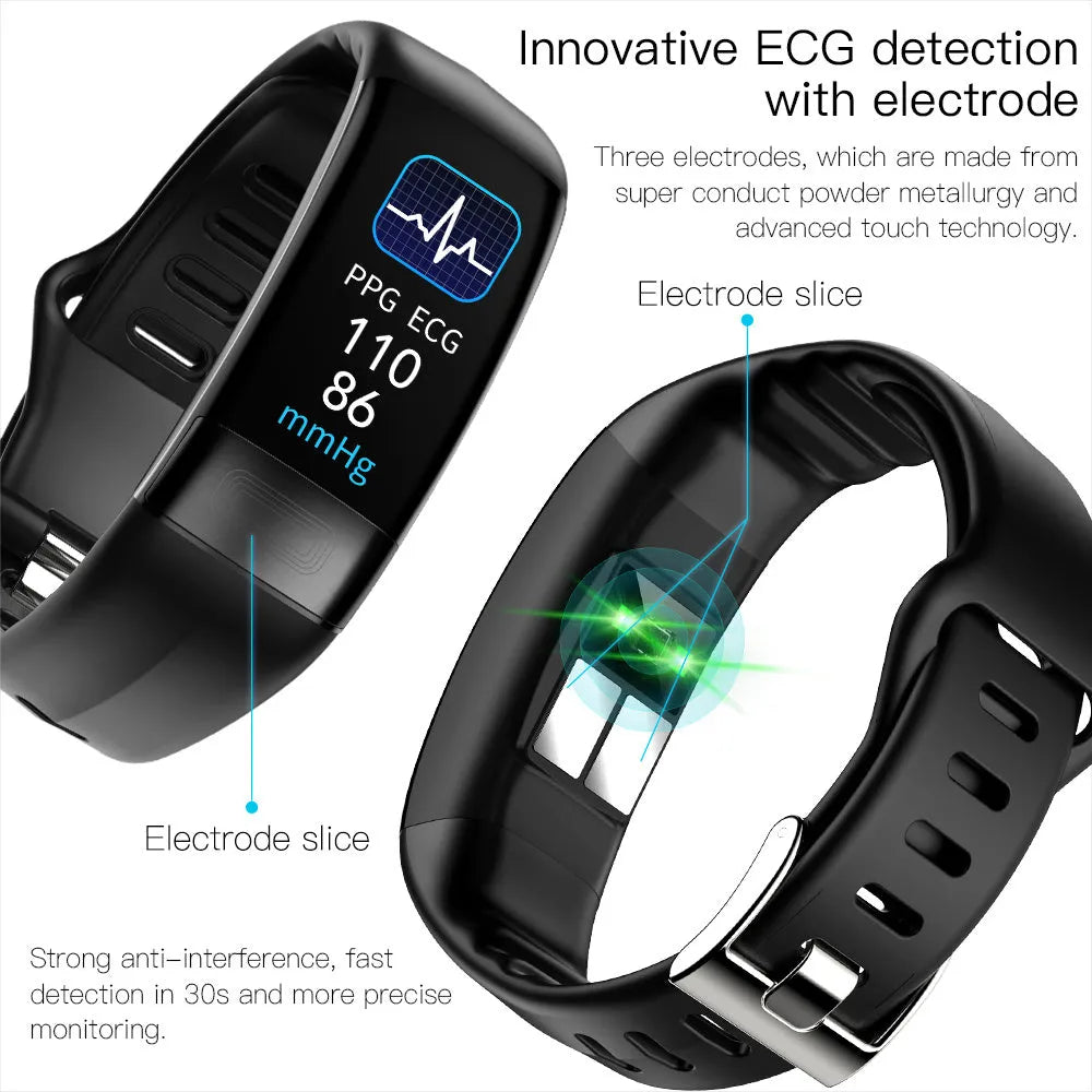 Smart health monitoring bracelet on wrist showing ECG and vital signs on its 0.96-inch screen.