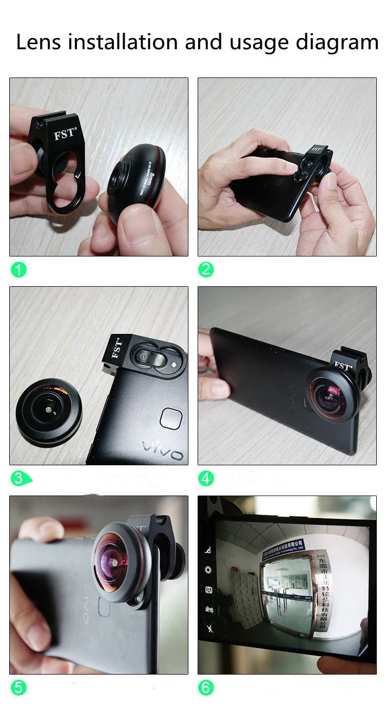 Factory direct mobile phone external lens kit showing portrait, fisheye, wide-angle, and macro lenses on a smartphone.