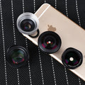Factory direct mobile phone external lens kit showing portrait, fisheye, wide-angle, and macro lenses on a smartphone.