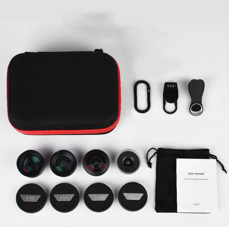 Factory direct mobile phone external lens kit showing portrait, fisheye, wide-angle, and macro lenses on a smartphone.