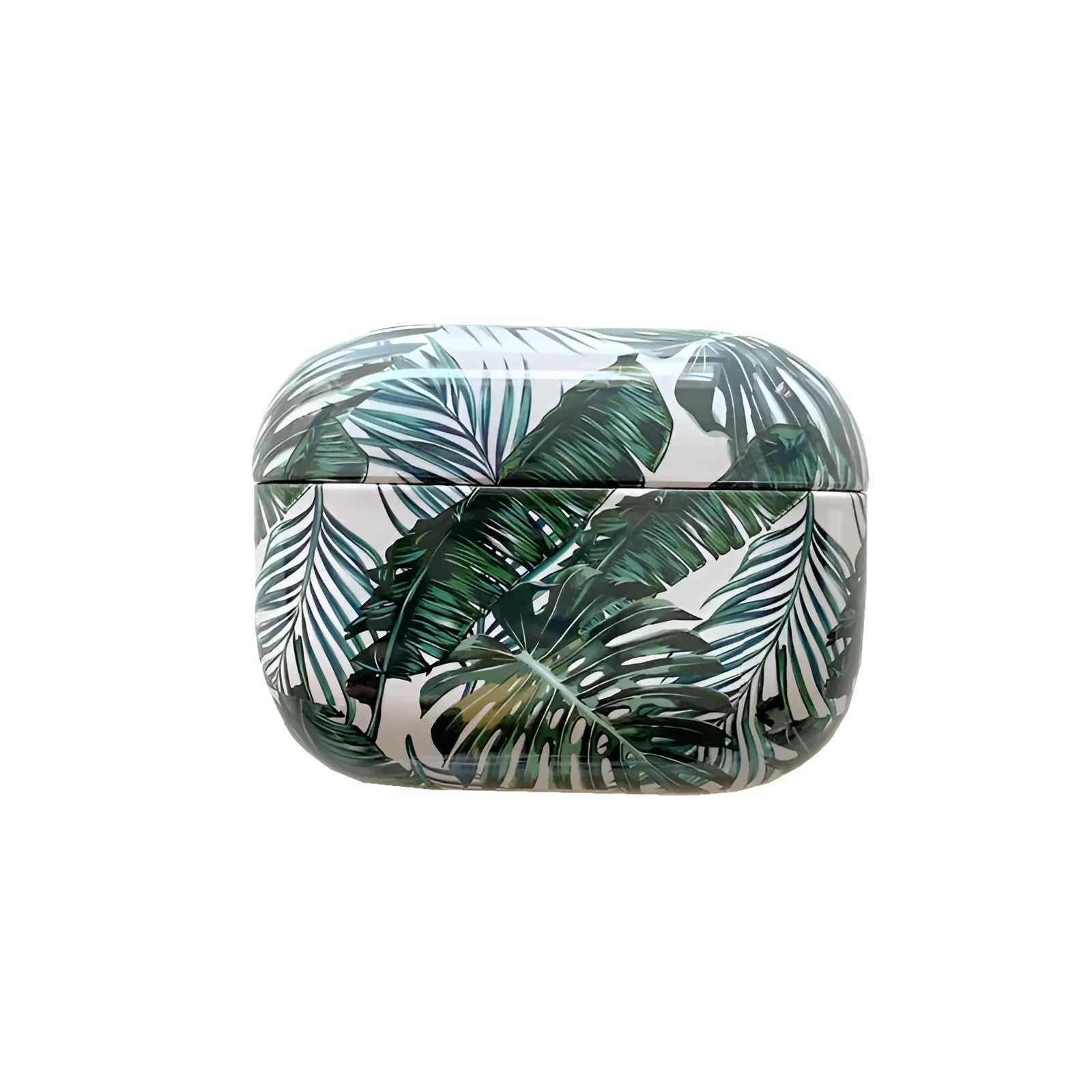Blue TPU AirPods case with painted banana leaves tropical design