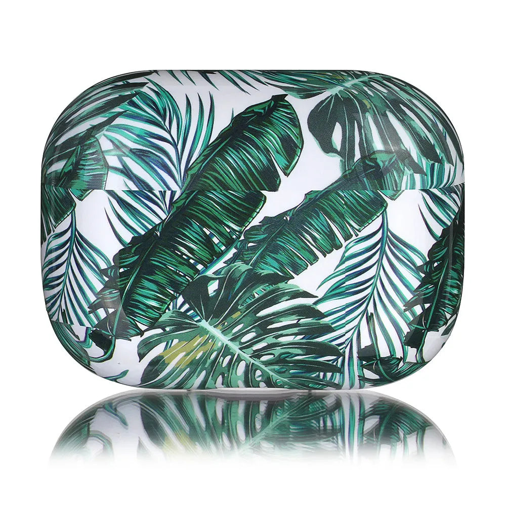 Blue TPU AirPods case with painted banana leaves tropical design