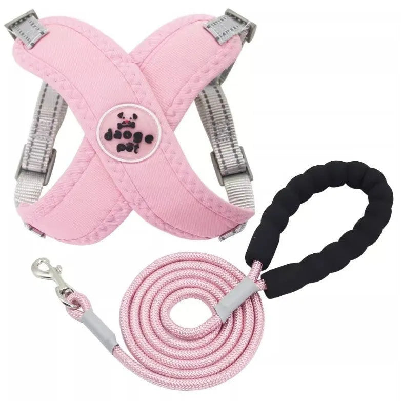Blue polyester dog vest and matching hand-holding rope set on a white background.