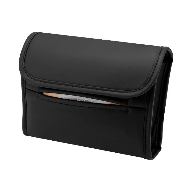 Leather car tissue box organiser with elastic band mount for sun visor or armrest.