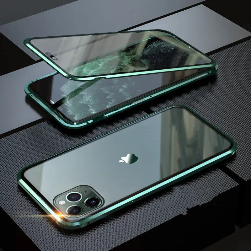Tempered glass anti-spy phone case for iPhone with geometric pattern in black silver red gold green or blue